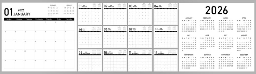 2026 Calendar Planner | Vector annual or monthly page layout for wall, desk calendar with week starts on Sunday | Daily routine note able calendar with black color