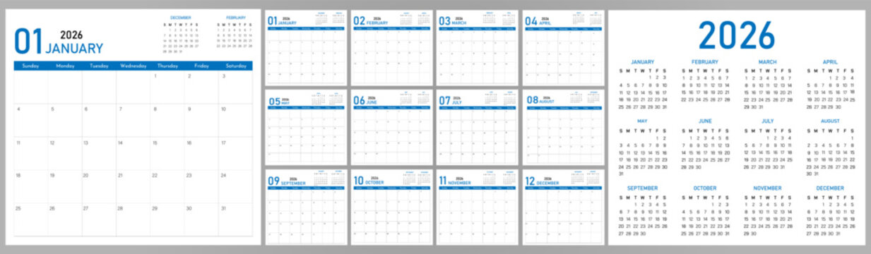 2026 Calendar Planner | Vector annual or monthly page layout for wall, desk calendar with week starts on Sunday | Daily routine note able calendar with blue color
