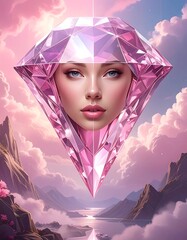 Surreal portrait of a woman inside a pink diamond