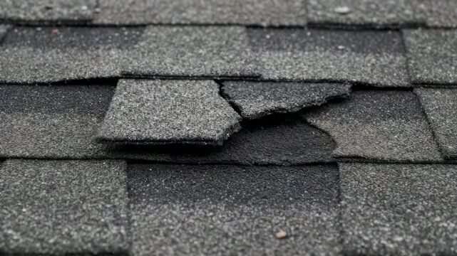 Damaged roof shingles need repair, close-up of deteriorated asphalt roof shingles showing exposed layer, Deteriorating Roof: Close-up of damaged shingles revealing the underlayment