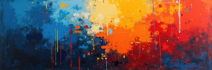 Fototapeta premium Abstract artwork showcasing a vibrant and dynamic interplay of colors, blending blues, yellows, oranges, and reds with a textured, paint-like aesthetic to create a visually engaging and expressive...