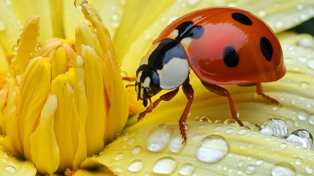 Ladybug on yellow flower petal with dew drops