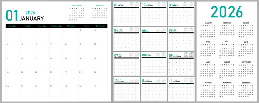 2026 Calendar Planner | Vector annual or monthly page layout for wall, desk calendar with week starts on Sunday | Daily routine note able calendar with teal color font and black shape