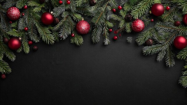 Festive black christmas border with lush fir branches, shiny baubles, and holiday decorations for seasonal cards, invitations, and winter celebration designs