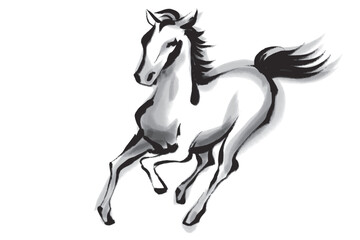 筆で描いた走る馬の墨絵白黒イラスト