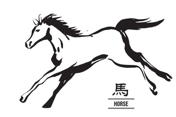 横から見た筆で描いた走る馬の白黒イラスト