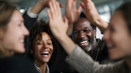 Obraz premium Diverse colleagues celebrate a successful moment with enthusiastic high fives in a business meeting