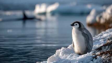 Fluffy penguin chick standing on snowy edge overlooking icy water with orca swimming in distance, serene arctic wildlife scene under soft natural light showcasing polar habitat and calm atmosphere