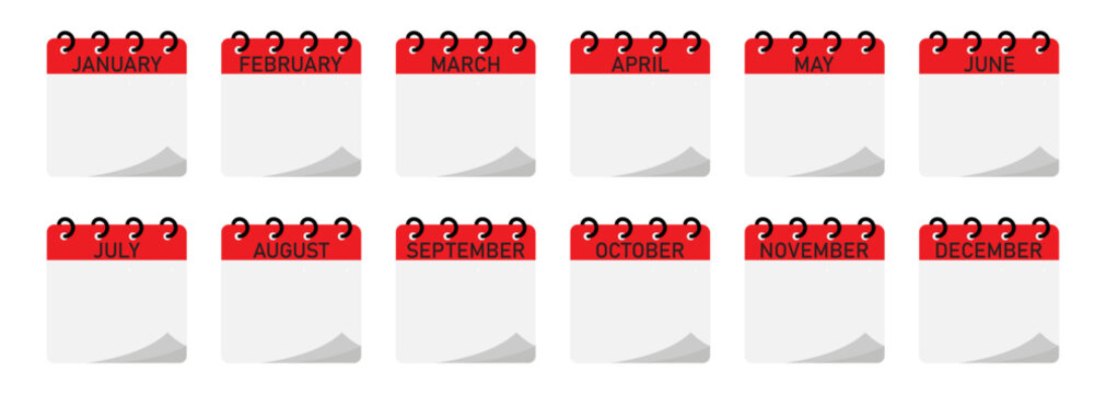 12 month calendar icon set with spiral binding | Red header flipping page of calendar with black font and space for note