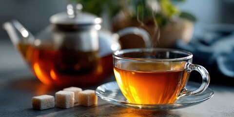 Steaming cup of tea in a clear glass mug with sugar cubes beside a teapot on a cozy morning table, illuminated by warm natural light creating a calm and inviting atmosphere
