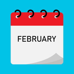 Month calendar | February month on calendar | Modern monthly calendar with free space for text and red header | Note of month with spiral binding on blue background | Flipping calendar page