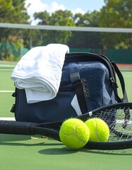 Tennis gear on a green court, bag, racket, and balls