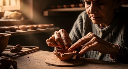 Skilled artisan crafting pottery with meticulous detail in a sunlit workshop.