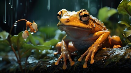 A Close-Up Macro Shot of a Golden Frog Sitting on a Mossy Branch During a Gentle Rainfall