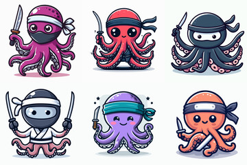 octopus ninja cartoon set vector illustration