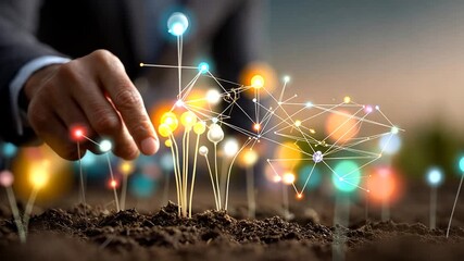 Businessman's hand nurturing glowing abstract plant-like networks, symbolizing innovation, investment, and technological growth in a futuristic concept. - Powered by Adobe