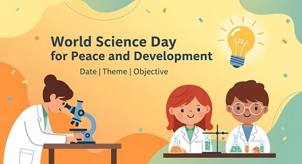 World science day for peace and development illustration with scientists and lightbulb