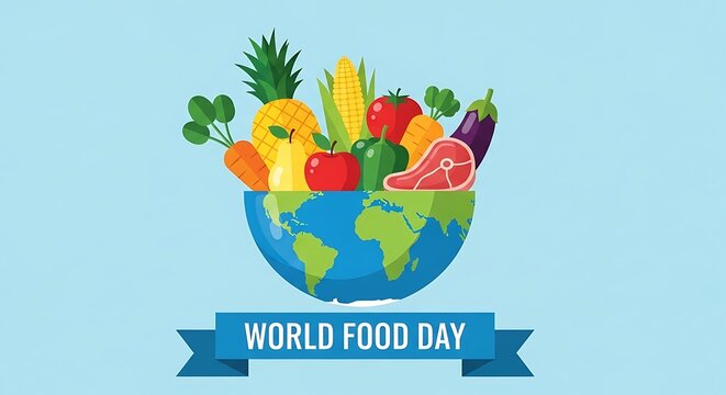 World food day concept with diverse healthy food overflowing from a globe