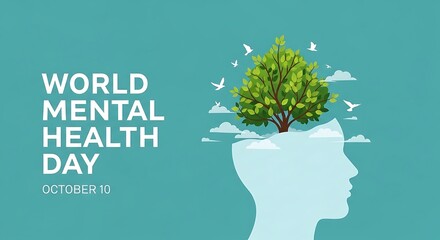 World mental health day concept with healthy mind and growing tree inside head silhouette
