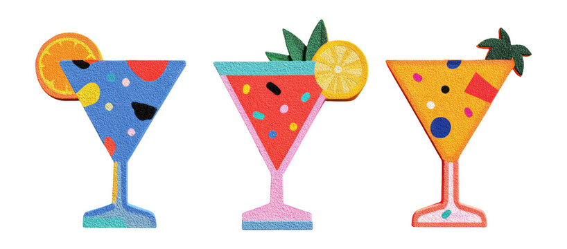 Colorful Beverage Glasses with Fruit Garnish on a Transparent Background - Powered by Adobe