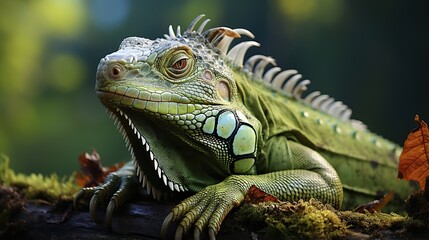 Fototapeta premium A Close-Up Portrait of a Majestic Green Iguana with a Row of Spines Along its Back