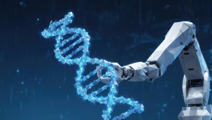 Robotic arm with glowing blue digital DNA helix against a dark blue tech backdrop