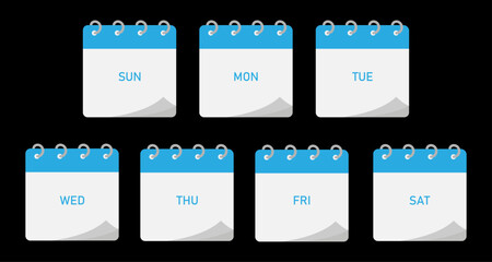Seven day calendar icon with title icons | Day calendar schedule | Business plan schedule | Blue, black color icon set with blank space for text
