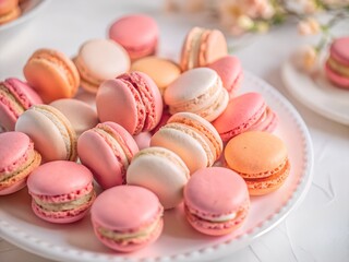 Fototapeta premium A pile of colorful french macarons on a white plate with a blurred background