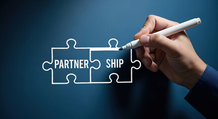 Strategic Partnership Concept: Hand Completing Jigsaw Puzzle with 'Partnership' Text. Symbolizing Collaboration, Business Success, and Teamwork