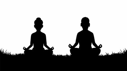 Serene yoga silhouettes meditating in nature, promoting mindfulness, relaxation, and inner peace for wellness