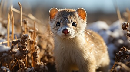 A Close-Up Portrait of a Young Long-Tailed Weasel in a Snowy, Natural Habitat