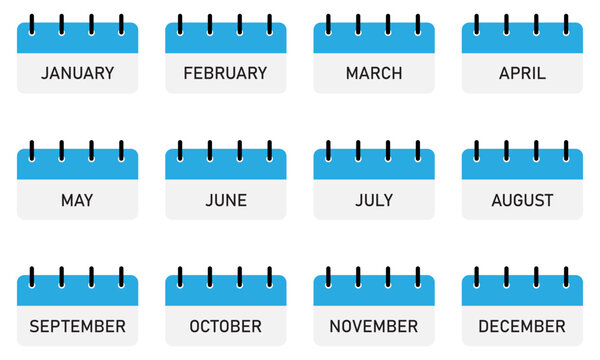 12 month calendar icon with title icons | Month calendar schedule | Business plan schedule | Blue, black color icon set with blank space for text
