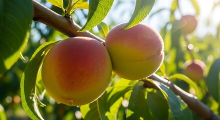 Ripe Peaches on a Branch in Summer Sunlight.