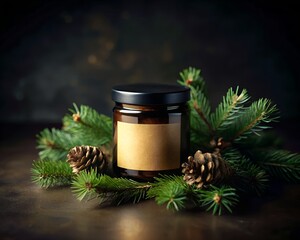 A brown glass jar with a blank label surrounded by pine branches and pinecones