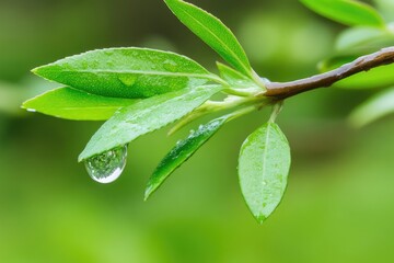 Close-up of fresh spring leaves with dew drops