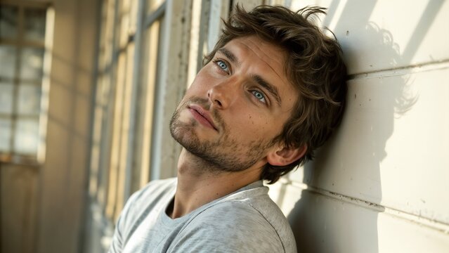 Handsome man portrait with blue eyes leaning against a white wall photo