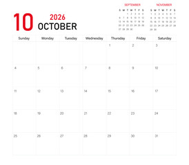 Month calendar | 10th month of 2026 on calendar with previous and next month | December month, 2026 started from Thursday