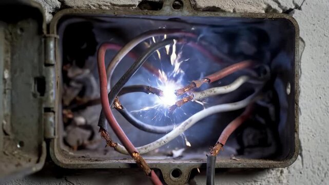 Electrical Wiring Problem: Sparks Fly in Junction Box, Dangerous Electrical Fault: Exposed Wires and Sparks in Electrical Box - Powered by Adobe