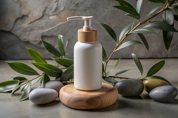 White soap dispenser with bamboo lid and olive branch on a stone surface