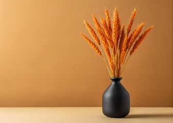 Dried wheat stalks in a black vase on a table against a warm orange background