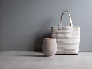 Textured tote bag and ceramic vase on a grey surface against a grey wall