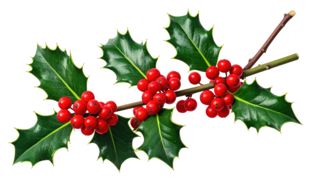 A sprig of glossy green leaves, adorned with bright red berries, on a brown branch