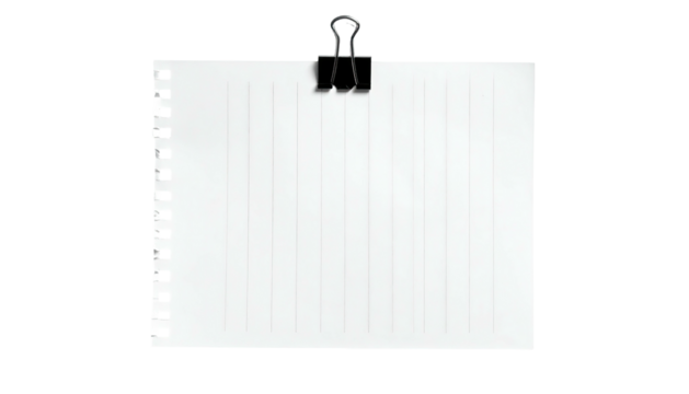 Blank lined notepad held together with a black clip, on a dark background
