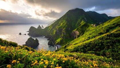 Lush green mountains meet ocean under dramatic sunset