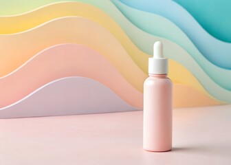 A pink dropper bottle with a white cap sits on a pink surface against a pastel rainbow wavy background