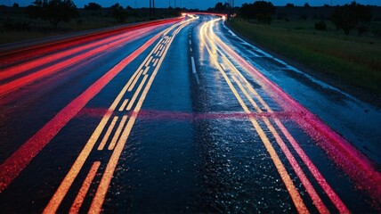 Wet Highway at Dusk with Light Streaks road asphalt