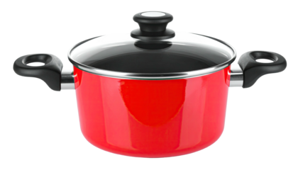 Shiny red saucepan with a clear lid and black handles, ready for cooking