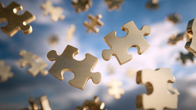 Puzzle pieces almost connecting, floating in mid-air, strategic concept, open space background