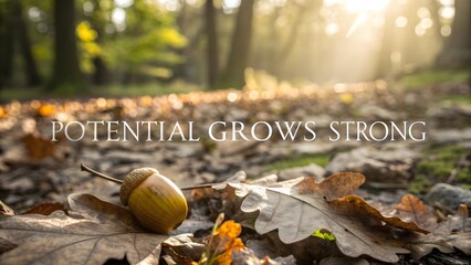 Close up of an acorn and leaves on the forest floor