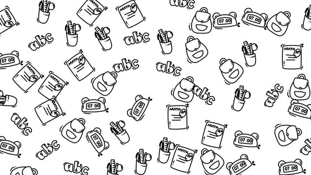 Pattern of school supplies in black and white, suitable for educational designs, stationery products, and childrens content creation.